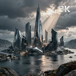 Nordic fjords, colossal futuristic cities in the background destroyed, light from the tallest skyscraper piercing the sky, apocalyptic, photorealism, highly-detailed, atmospheric, award winning, 8k