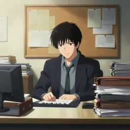 a cinematic shot from the detective noir anime film of the ( ( ( ( cyberpunk ) ) ) ) detective's disorganised desk with stacks of folders and files and the wall with a corkboard of crime connections ( ( ( crimescene photos, cases and notes ) ) ) in her bedroom, in the style of the anime series ergo proxy, featured on artstation