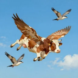 A cow cat flying in the sky, and three birds flying around it, the painting style lively and bright.