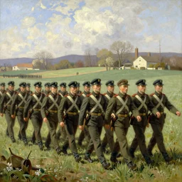 detailed wide shot of soldiers marching in the field, spring light, painting by gaston bussiere, craig mullins, j. c. leyendecker