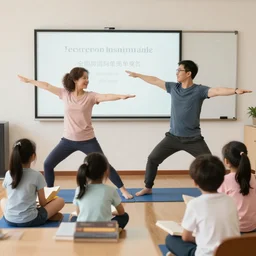 a husband and wife exercising with four kids studying, award winning photo,