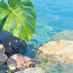 tropical leaves, and flowery rocks closeup by rippling clear blue water, bright colorful, zen, minimalist, sunny environment, highly detailed, realistic, up close shot shinji aramaki, karol bak, alphonse mucha