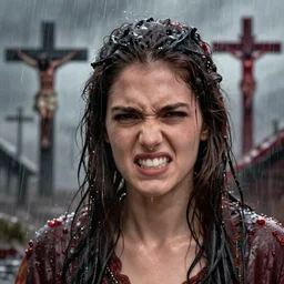 impudent facial expression of a shameless woman, impudent facial expression of shameless woman, atmosphere of bloody rain, cross in the distance, Jesus Christ in the background, trending on artstation, highly detailed, digital painting, volumetric light, concept art, sharp focus, illustration