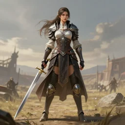 Female warrior standing on a battlefield with a one-handed sword, highly detailed, 8k, Unreal Engine 5, elegant, gallant, ambient, digital painting, art station, concept art, smooth, sharp focus, illustration,