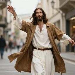 Jesus Christ in modern clothes, street photography, dynamic lighting, dynamic pose, high resolution, 8k