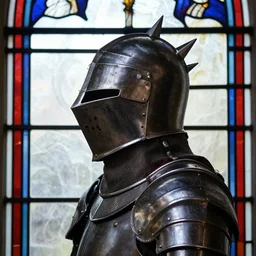 side - view portrait of a knight, dark cranium helmet with spikes on top, stained glass window, very masterful