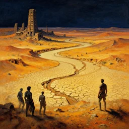the ancient alien crash site by mike allred and ivan shishkin and zacharias aagaard and simon stalenhag and escher, dry river bed, barren desert landscape, chiaroscuro, tonalism, sfumato, high saturation, high contrast, vibrant, highly intricate details, dusty