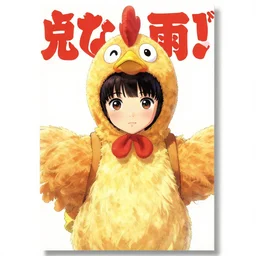 graphic novel cover art of a girl wearing a chicken costume, artwork by yoji shinkawa, poster cover art