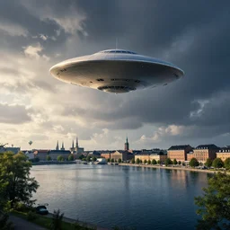 a flying saucer over copenhagen. dramatic lighting. beautiful scenery. cloudscape. aliens. dramatic lighting, lake, ultra clear detailed.