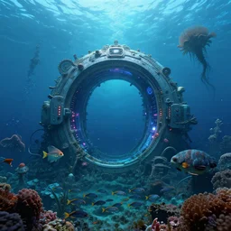 intergalactic stargate portal in the middle of a deep ocean, with strange sea creatures swimming around it and a school of fish in the foreground, highly detailed, surreal