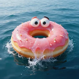 a massive jelly sculpture of a squashed funny on a jelly donut floating on the ocean water, cinematic, hyper - realistic, very detailed, realistic jelly splashes, ray tracing, 8 k resolution, long - shot, sharp focus, low angle, 8 5 mm photograph, wide lens