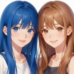 twin anime girls with opposite hair color smiling at the camera, symmetrical face, perfect details, digital painting, trending on artstation, deviantart, artgem, perfect composition, ross draws, wlop