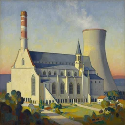 Beautiful Charles Sheer painting of an abbey in the style of a hydroelectric power plant, precisionist style