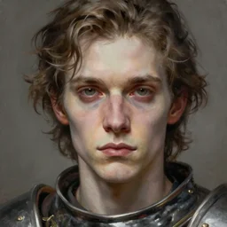 painting of a pale serious young man, soft face and medium brown wavy hair wearing armor, ultra realistic, smaller ocular orbit, concept art, intricate details, eerie, highly detailed, pursed lips, melancholy expression, photorealistic, snub turn - up nose, prominent chin, octane render, 8 k, unreal engine. art by artgerm greg rutkowski alphonse mucha