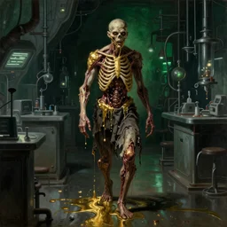realistic Courbet painting of a dark sci-fi laboratory at night, dark green ambient, zombiewalking dressed in rags made of guts and veins dripping golden shiny metalic fluid from ribcage to the floor. liquid shiny pool of gold on the floor.