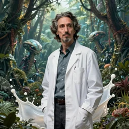 rick sanchez in white lab coat in alien jungle by josan gonzalez splash art graphic design color splash high contrasting art, fantasy, highly detailed, art by greg rutkowski