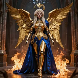 clockwork golden cyborg angel indian sage female in a burning, gothic church, powdered wig, gears, prosthetics, full - body, blue silk. in the style or arcane by fortiche.