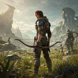 a post apocalyptic hunter with a bow in an overgrown landscape, scifi character art by greg rutkowski, craig mullins, horizon zero dawn, cinematic lighting, dystopian scifi apocalypse