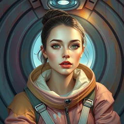 portrait of a beautiful girl inside a spaceship, futuristic clothes, pastel colors, beautiful face, rule of thirds, spotlight, drips of paint, expressive, passionate, by mandy jurgens, by vincent van gogh, digital painting