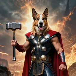 thor with dog's head, holding a hammer, cinematic thunder background