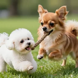 a photorealistic closeup image of a cute brown colored long haired chihuahua cocker spaniel dog playing tug of war with a happy white bichon frise dog at the park. brightly lit. extreme detail. 4 k hd unreal engine