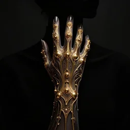 alien hand reaching for her throat was just a nightmare. dramatic lighting, intricate detailed gloves, hand pictures, haute couture, symbolism, science fiction art, hand model portfolio, hand poses photography, gold filigree, silhouette, fantasy, intricate, elegant, extremely, detailed, trending, art