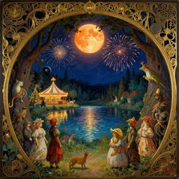 a night carnival around a magical tree cavity, with a surreal orange moonlight and fireworks in the background, next to a lake with iridiscent water, christmas lights, folklore animals and people disguised as fantastic creatures in a magical forest by summer night, masterpiece painted by alphonse mucha, greg hildebrandt, and mark brooks, gilded details, art nouveau, ornate medieval details, dark night environment