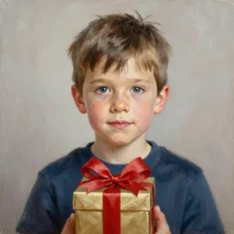 a portrait of kid with a gift box highly detailed oil painting by francis bacon, edward hopper, adrian ghenie, glenn brown, soft light, 4 k,