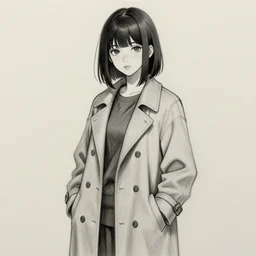 A portrait of a beautiful anime girl wearing a long coat, shoulder length straight black hair with bob cut, dark eyes, freckles, concept art, pencil sketch, Huke, krenz cushart, trending on artstation