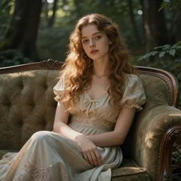 a queen of good vibes sitting by herself on a sofa in a forest, drawn by CloverWorks,