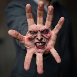 closeup of a man's outstretched hand with a creepy human face and mouth in it's palm, vampire hunter d, countenanced carbuncle and d's left hand, trending on art - station