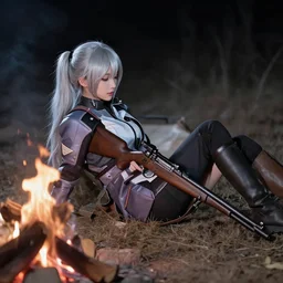 silver hair girl with ponytail, resting on campfire with her rifle, at night, cinematic photography