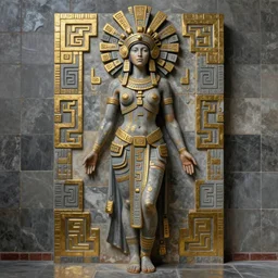beautiful aztec inca goddess full body well proportioned stands among tiles by eddie mendoza hyperrealism expressive cyborgess symmetrical very very detailed giger beksinski grey and gold