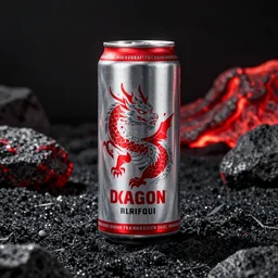 one single giant aluminium can of a dragon-flavored energy drink, silver and red design, professional studio photography, black sand and red lava background, packshot