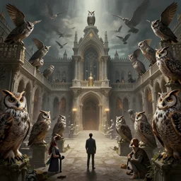 concept art, massive court of owls, realistic shaded lighting poster by ilya kuvshinov, magali villeneuve, artgerm, jeremy lipkin and michael garmash and rob rey