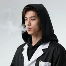 an anthropomorphic beautiful male scientist portrait blowing smoke wearing black hoodie robe, fine art, award winning, intricate, elegant, sharp focus, octane render, hyperrealistic, wizard hat cinematic lighting, highly detailed, digital painting, 8 k concept art, art by jamie hewlett and z. w. gu, masterpiece, trending on artstation, 8 k