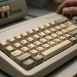an old computer keyboard where its keys are human teeth. exhibited in a museum as a sculpture. diffuse light photo realistic 8 k