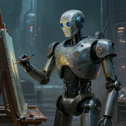 a dark portrait of an old uncomissioned robot, making a painting of the not too distant future