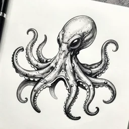 black ink on paper, alien octopus, trending on artstation, beautiful, intricate, detailed