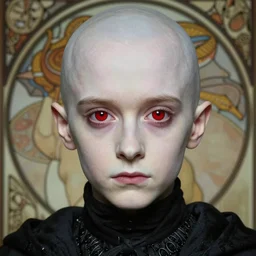 portrait of a 4 0 - year - old bald character, male, with a white complexion, wide, cat - like scarlet eyes, a nose flat like a snake's nose, voldemort, and a thin mouth, wearing in black clothes, hyper realistic face, beautiful eyes, fantasy art, in the style of greg rutkowski, intricate, alphonse mucha, hyper detailed, smooth