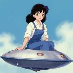 a film still of a 1 9 5 0's mechanic anime girl sitting on top of flying ufo, finely detailed features, beautiful face, full body mid shot, perfect art,, trending on pixiv fanbox, painted by gaston bussiere, makoto shinkai, akihiko yoshida, gaston bussiere, craig mullins, studio ghibli