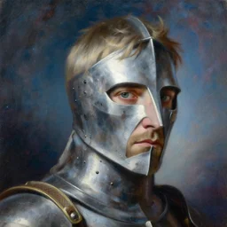hyperrealism oil painting, close - up portrait of don draper, knight, steel gradient mixed with nebula sky, in style of baroque