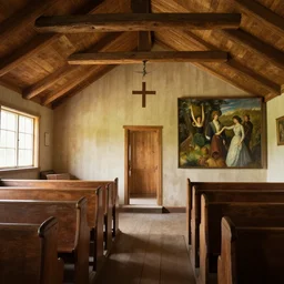 sunday morning in a simple wooden amish shaker style chapel with low ceilings full of bench pews, art by anders zorn, wonderful masterpiece by greg rutkowski, beautiful cinematic light, american romanticism thomas lawrence, greg rutkowski