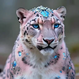 natural light, soft focus portrait of a cyberpunk anthropomorphic snow leopard with soft synthetic pink skin, blue bioluminescent plastics, smooth shiny metal, elaborate ornate head piece, piercings, skin textures, by annie leibovitz, paul lehr