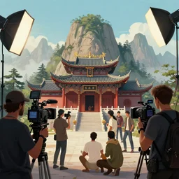 photo mountain, chinese temple, in film, camera, actors, daviya : 5 4 k rtx hdr volume light concept studio matte painting environement digital illustration fanart artstation by eytan zana and balazs agoston, jad saber, aaron limonick, pablo dominguez and florent lebrun and robby johnson