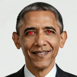 Obama eyes are red flashlight glowing eyes, Obama is smiling with a robotic smile, hype realistic flames are burning behind Obama, 40nm lens, 4k,