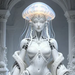 portrait of an absurdly beautiful, graceful, sophisticated, fashionable cyberpunk mechanoid, hyperdetailed illustration by irakli nadar and alexandre ferra, intricate linework, white porcelain skin, faberge, jellyfish headdress, octane render, global illumination, bright 3 point light, detailed and intricate environment