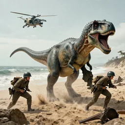 Dinosaur soldiers storming Normandy beach in World War II, Yoji Shinkawa