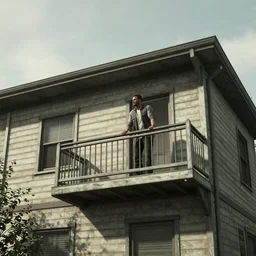A government man from Half-life stands on the balcony of a two-story panel house and watches