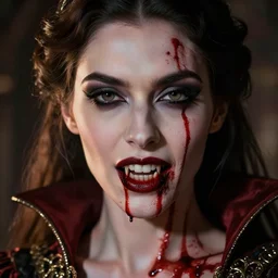 beautiful, very extreme closeup portrait, bloody, vampire girl, extreme blood, vampire fangs, medieval dress. witch, makeup. unreal engine, greg rutkowski, loish, rhads, beeple, tom bagshaw, alphonse mucha, global illumination, detailed and intricate environment